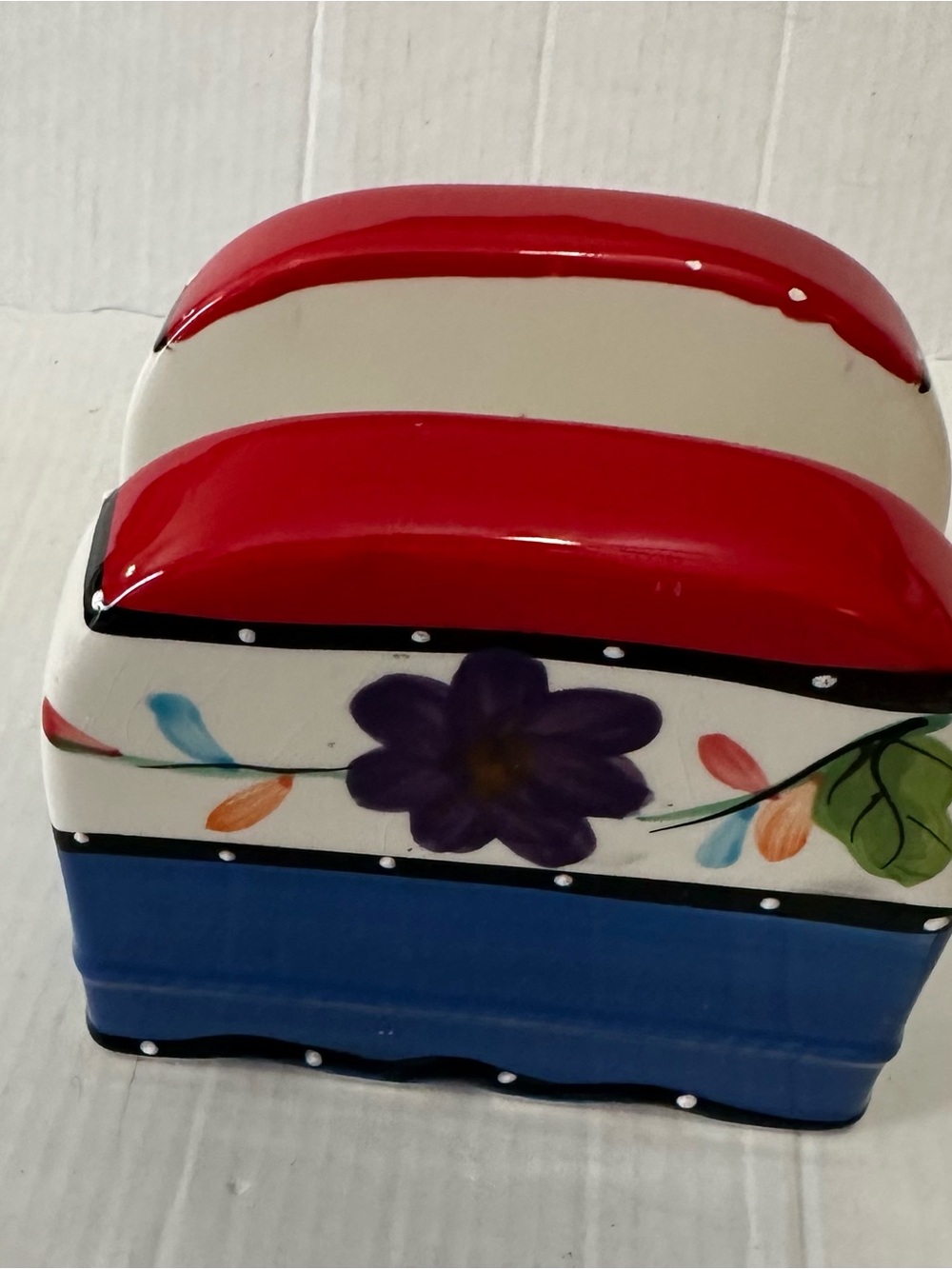 Casa Vero ACK Hand Painted Ceramic Napkin Holder Red Blue Floral Kitchen Decor